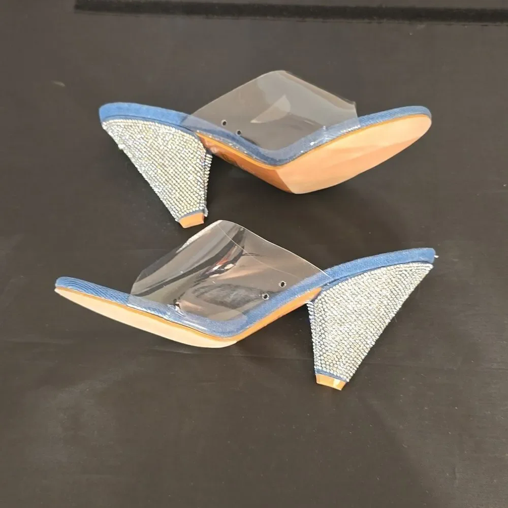 BRAND NEW PAZZLE RHINESTONE HEEL EMBROIDERED CLEAR  OPEN-TOE STRAP SANDAL